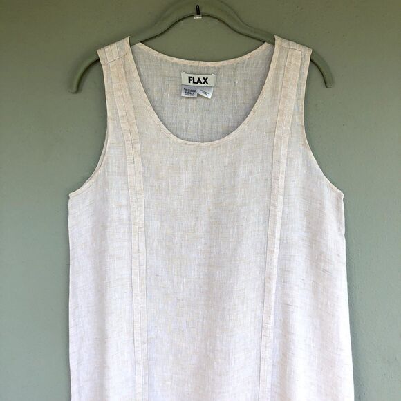 Flax Linen Maxi Dress Women S Cream Sleeveless Midi Relax Side Slits Lagenlook - Picture 3 of 14